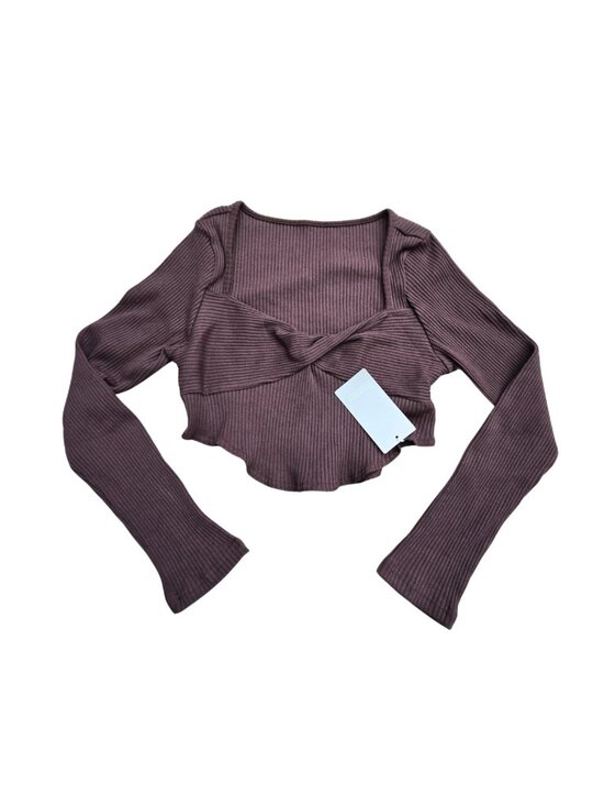 Sweaters - Brown Fall Long Sleeve V Neck Sexy Ribbed Knit Cropped Sweater Slim Fit - Large